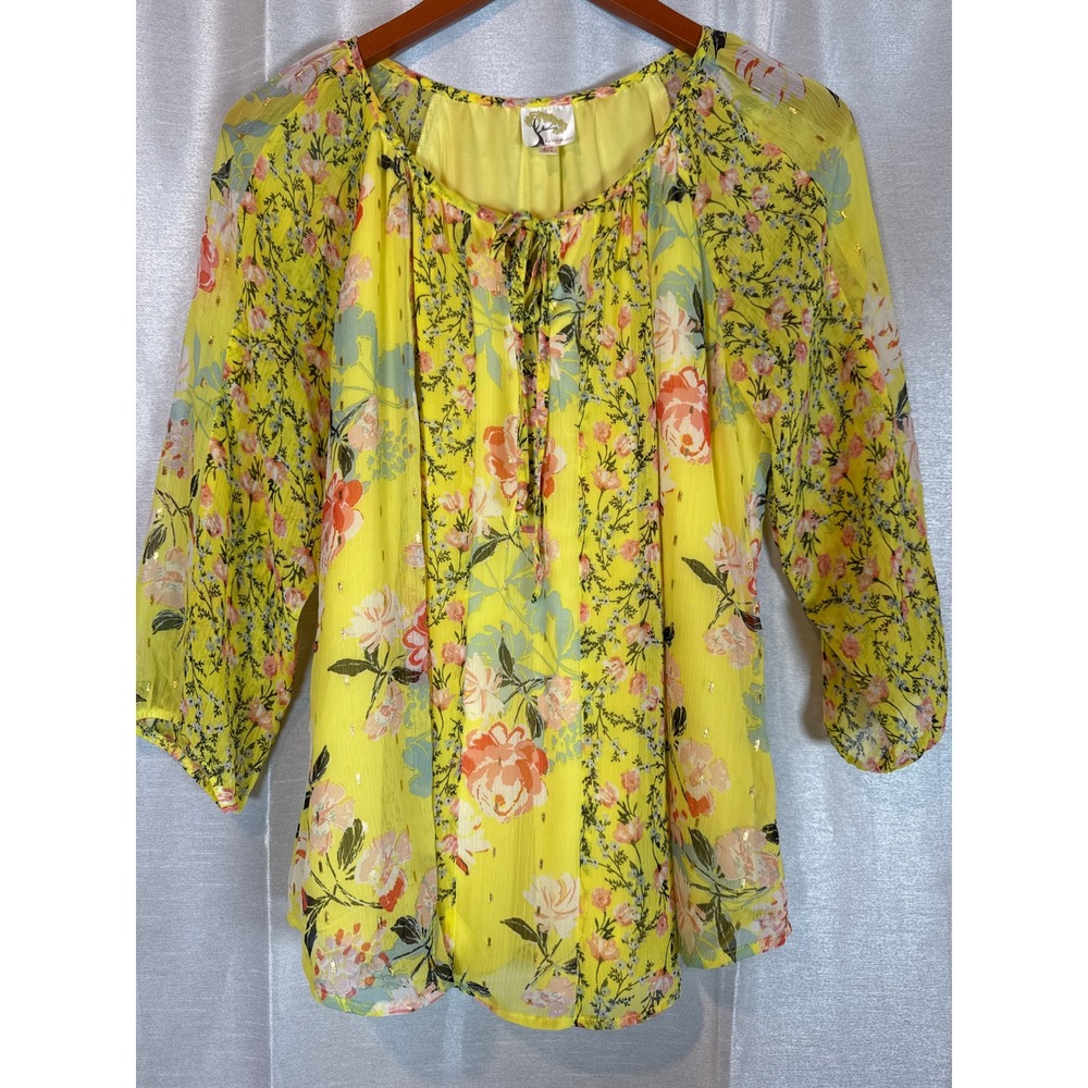 Fig and Flower Floral Blouse Womens PL Petite Large Yellow Sheer Top